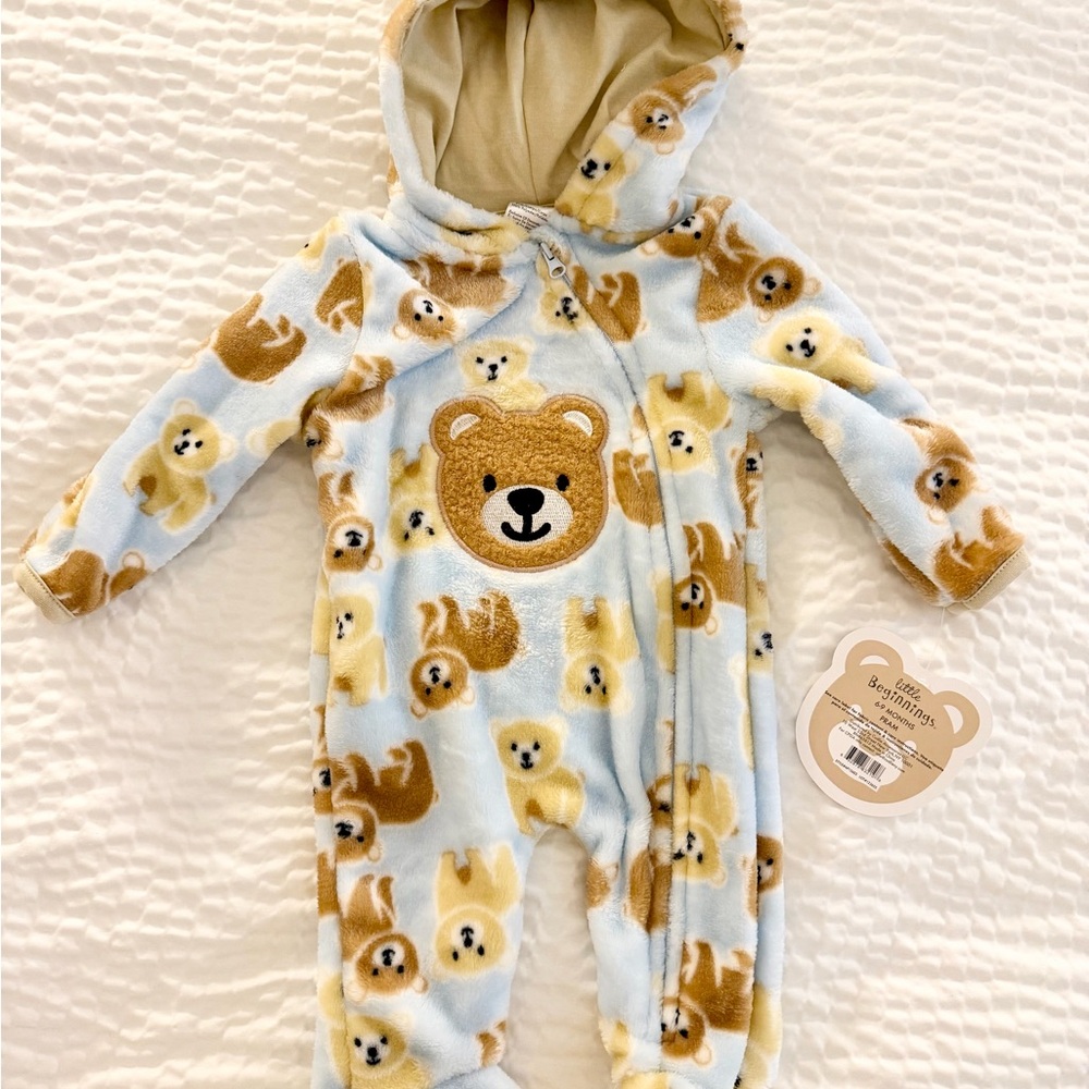 NWT Little Beginnings 0-3M Bear Fleece Pramsuit Hooded Winter Jumpsuit - Picture 2 of 7